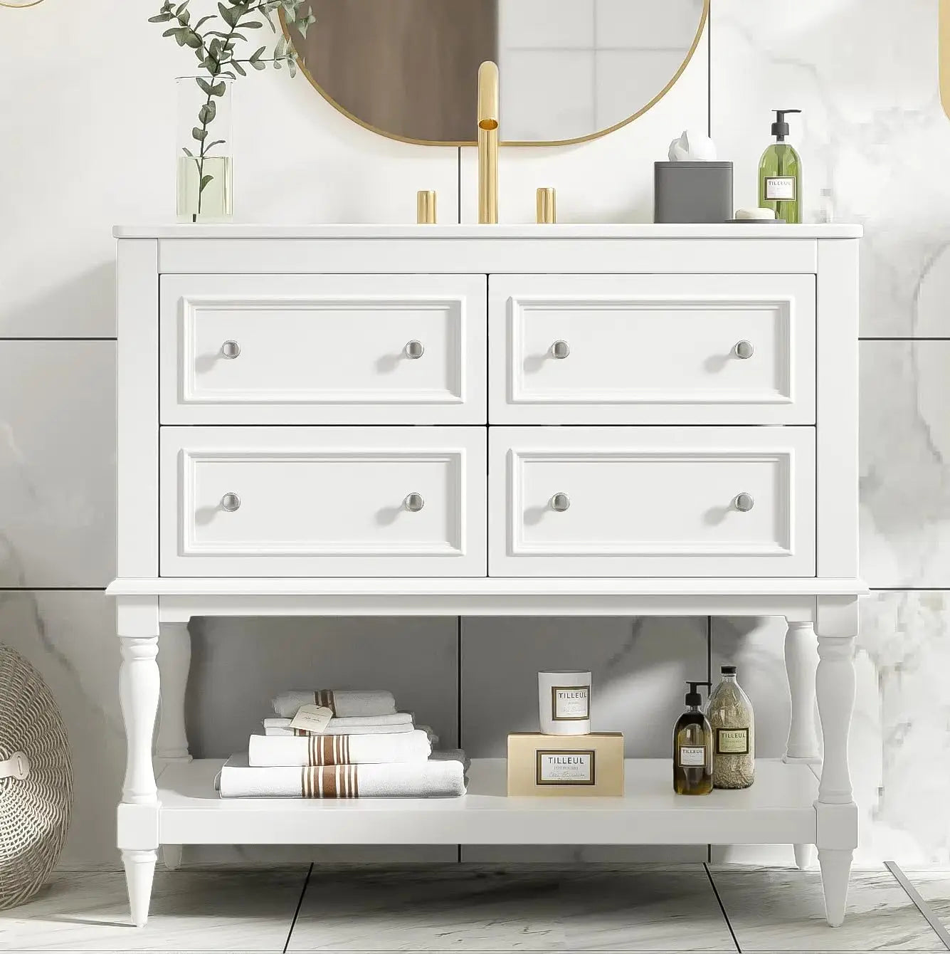 Bathroom Vanity Single Sink Freestanding Cabinet With 4 Drawers Open Shelf