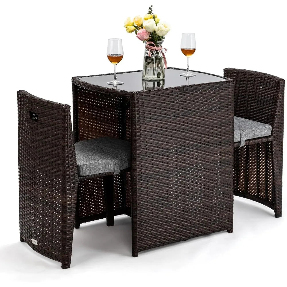 Wicker Outdoor Patio Bistro Set With Glass Table Top