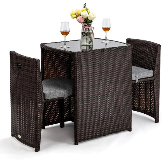 Wicker Outdoor Patio Bistro Set With Glass Table Top