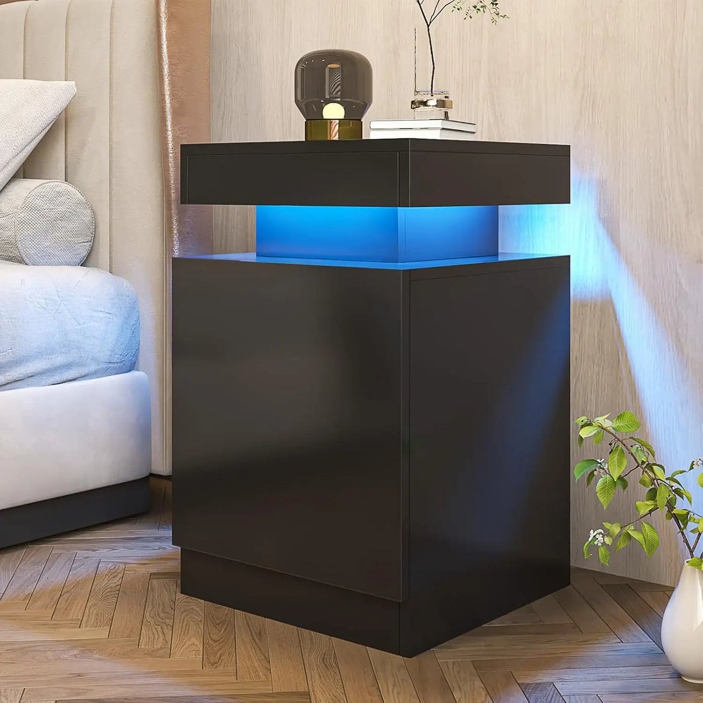 Nightstand Set Of 2 With LED Storage Cabinet Bedroom