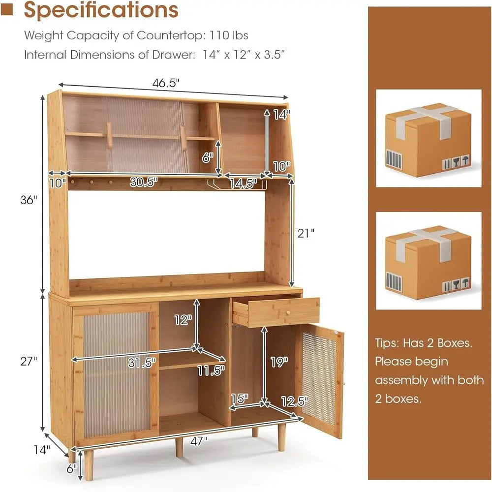 Sturdy Bamboo Pantry Cabinet With Storage And Microwave Stand
