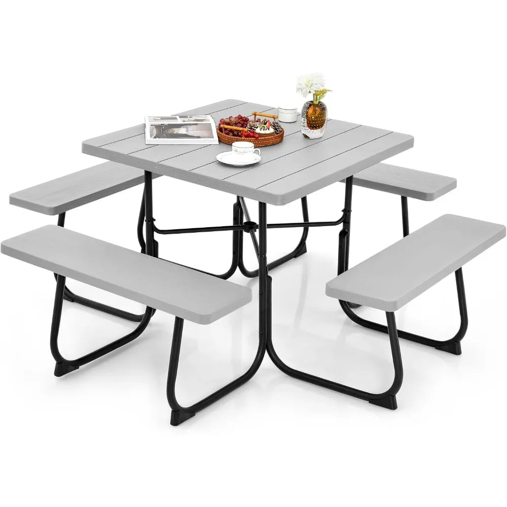 Outdoor Square Picnic Table With BuiltIn Benches Umbrella Hole
