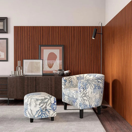 Ticify Upholstered Barrel Accent Chair With Ottoman Set