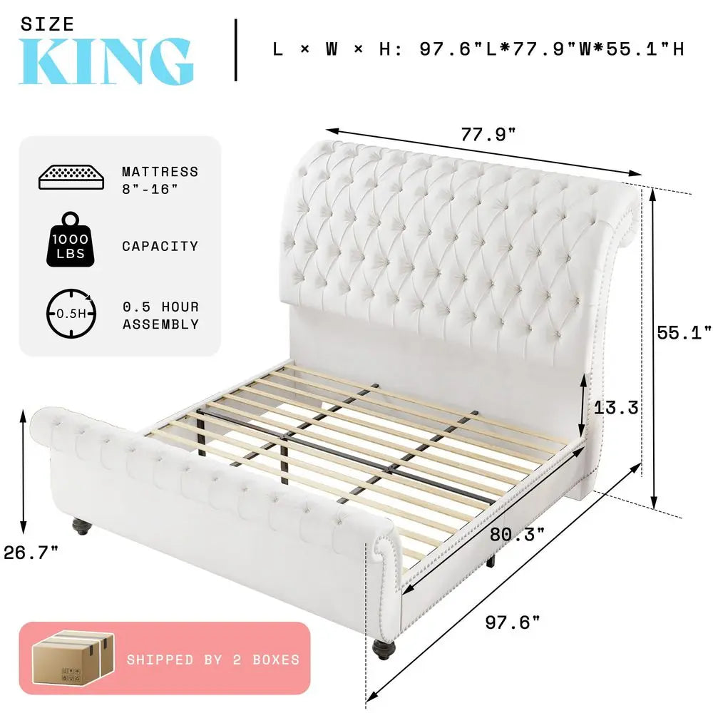 Sleigh Bed Frame With Velvet Upholstery And Tufted Headboard