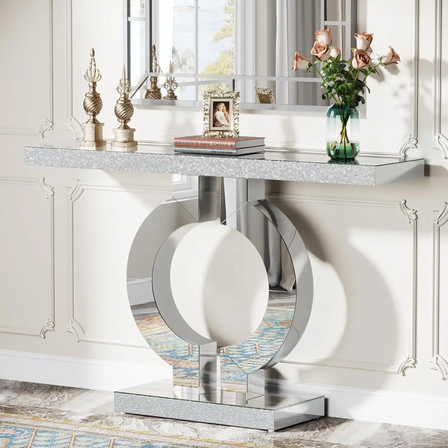 Modern Mirrored Console Table with O-Shaped Base for Entryway or Living Room