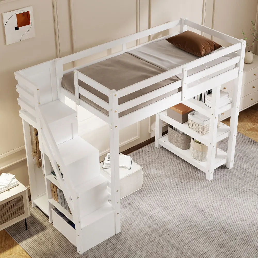 Wooden Loft Bed With Storage Staircase Integrated Wardrobe Light