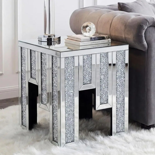 Crushed Diamond Mirrored Side Table With Crystal Inlay