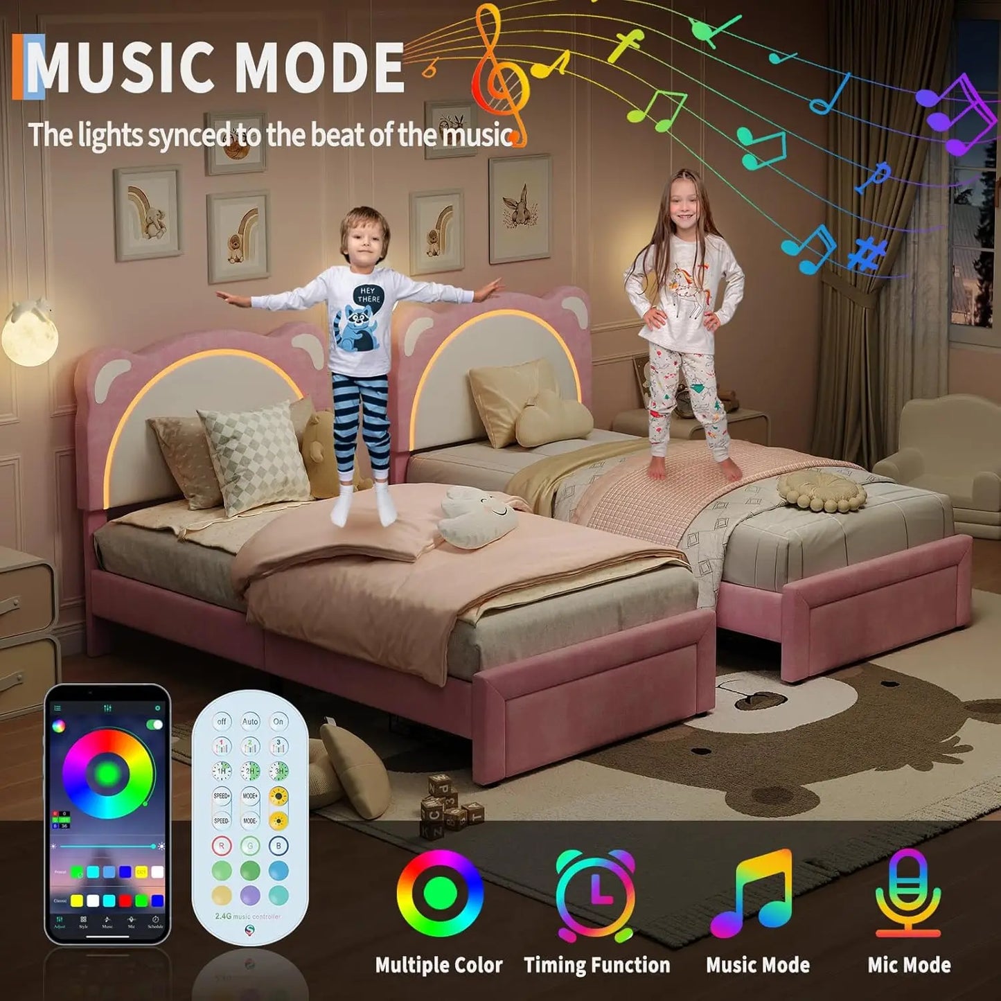 Twin LED Bed Frame With Storage And Bear Headboard