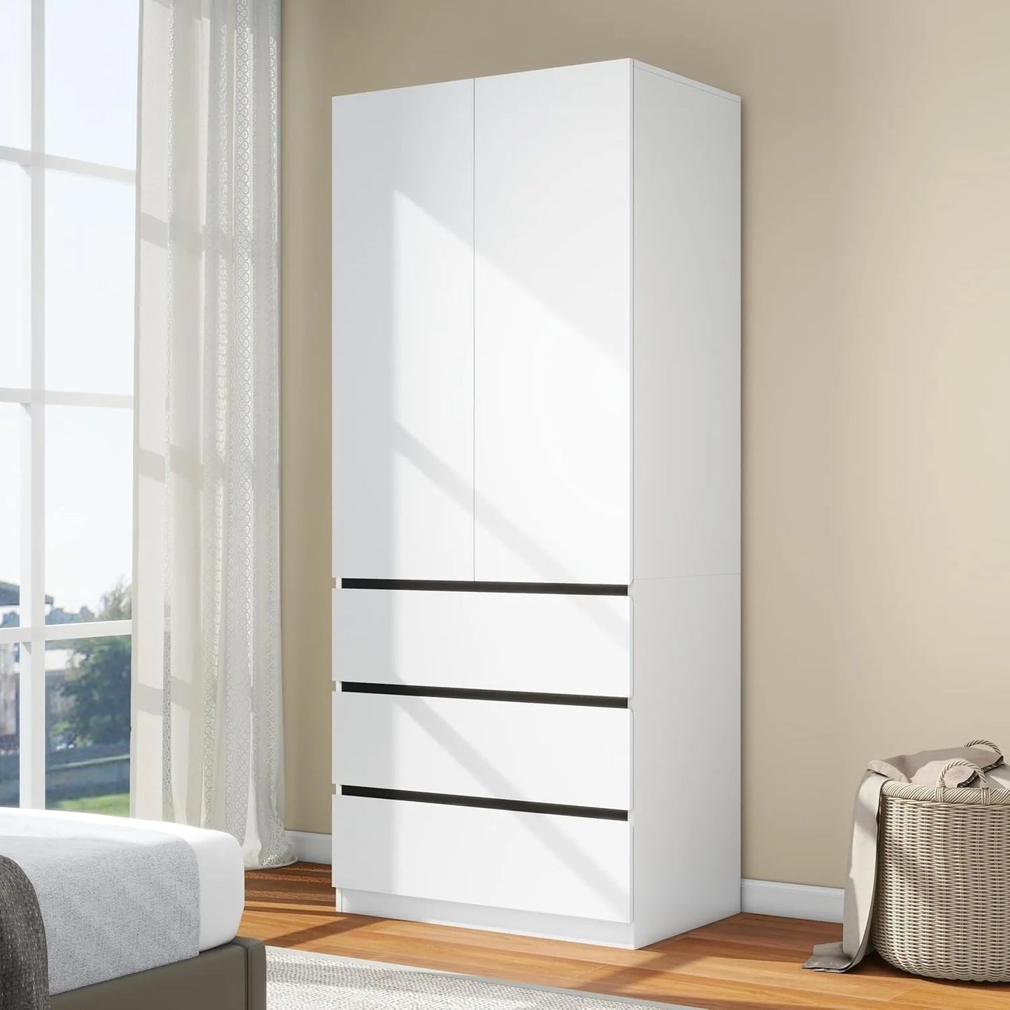 XIUWO Wood Wardrobe With Double Doors Hanging Rod Storage