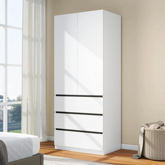 XIUWO Wood Wardrobe With Double Doors Hanging Rod Storage