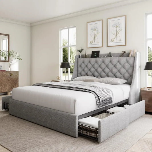 RBXC Bed Frame With Storage Drawers And Wingback Headboard