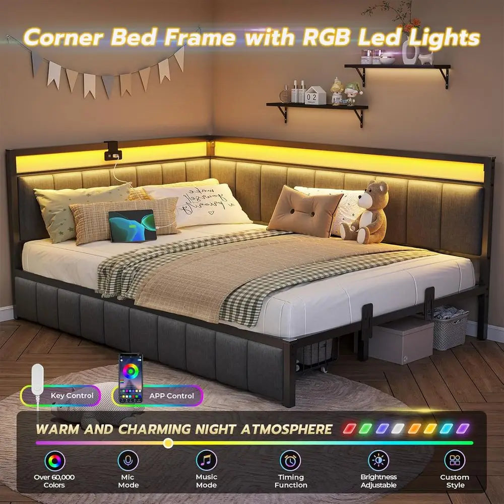 Bed With Storage Drawers And LED Lights Platform Bed