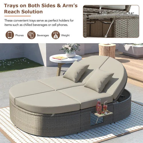 Rattan Outdoor 2 Person Reclining Daybed With Cup Trays