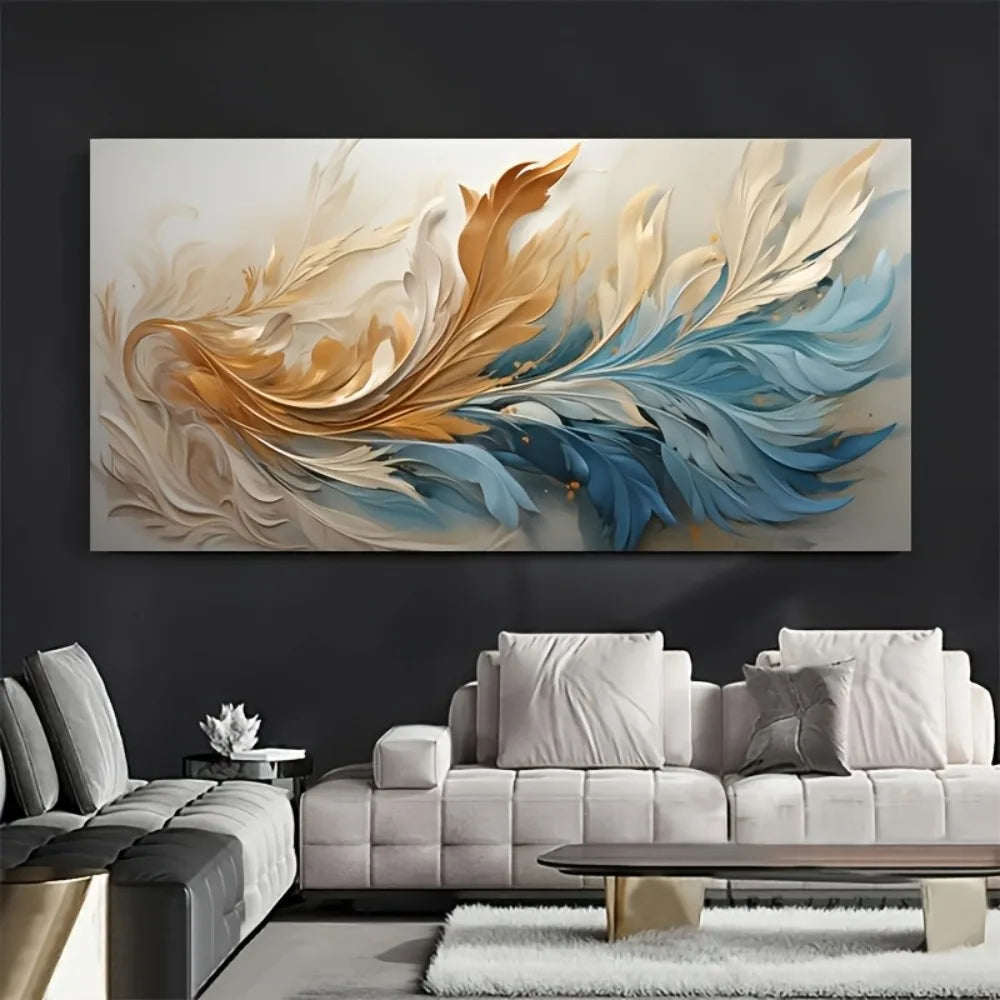 Modern Abstract Gold Feather Canvas Art with Pine Frame for Elegant Decor