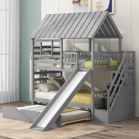 Playhouse Style Bunk Bed With Trundle Slide And Staircase