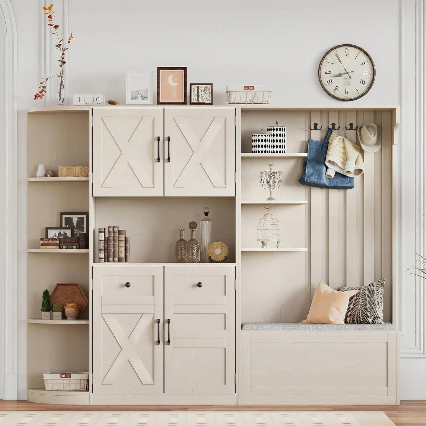 Hall Tree Storage Bench With Hooks And Shoe Organizer Cabinet Mudroom Furniture