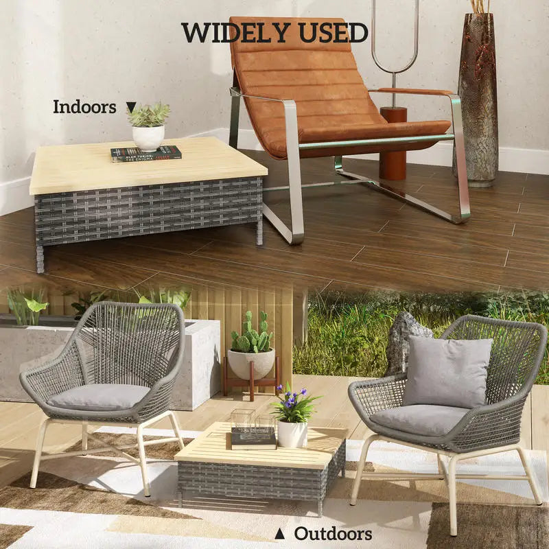 Outdoor Side Table With PE Rattan And Fir Wood
