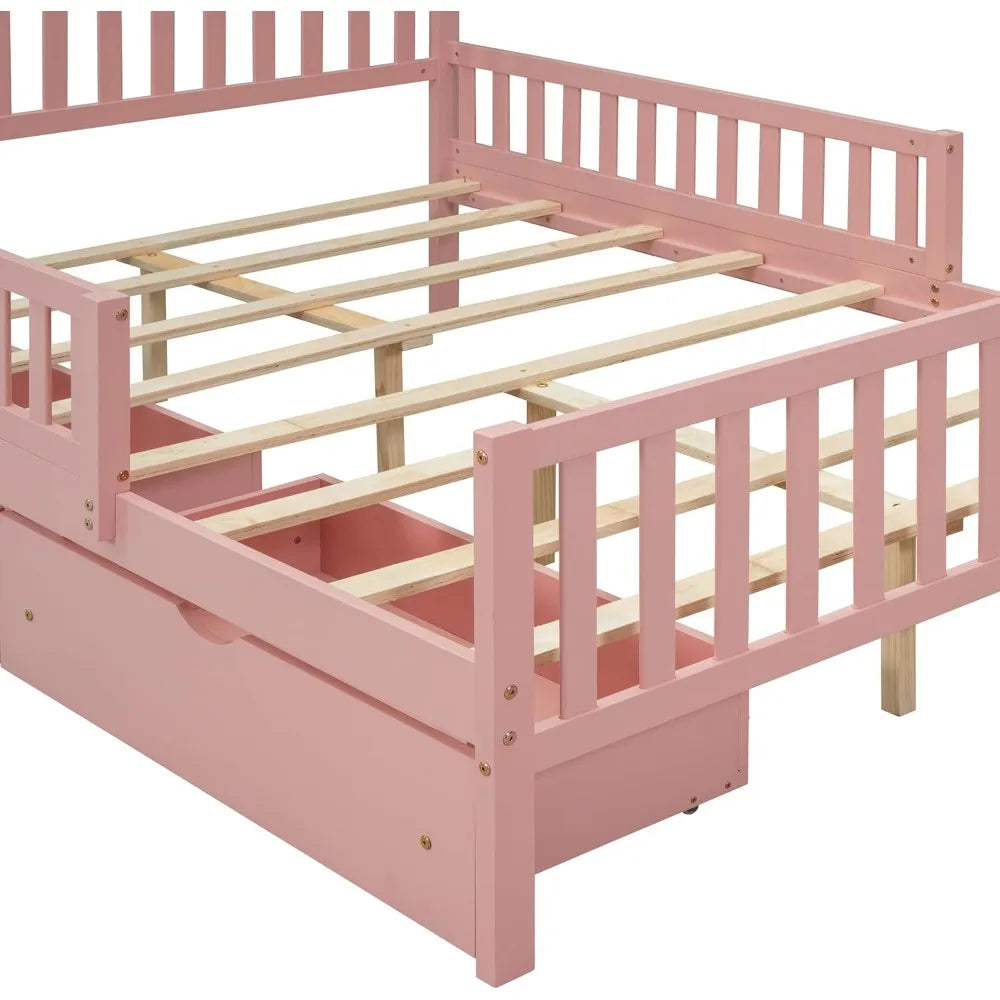 ZHUOTING Kids Storage Bed With Guardrails And Drawers