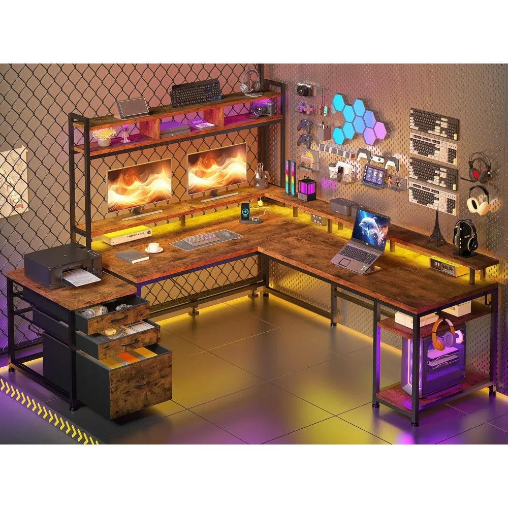 RBXCLShapedDeskWithHutchAndDrawersForHomeOfficeWorkstationStorageSolutionDurablePremiumConstruction