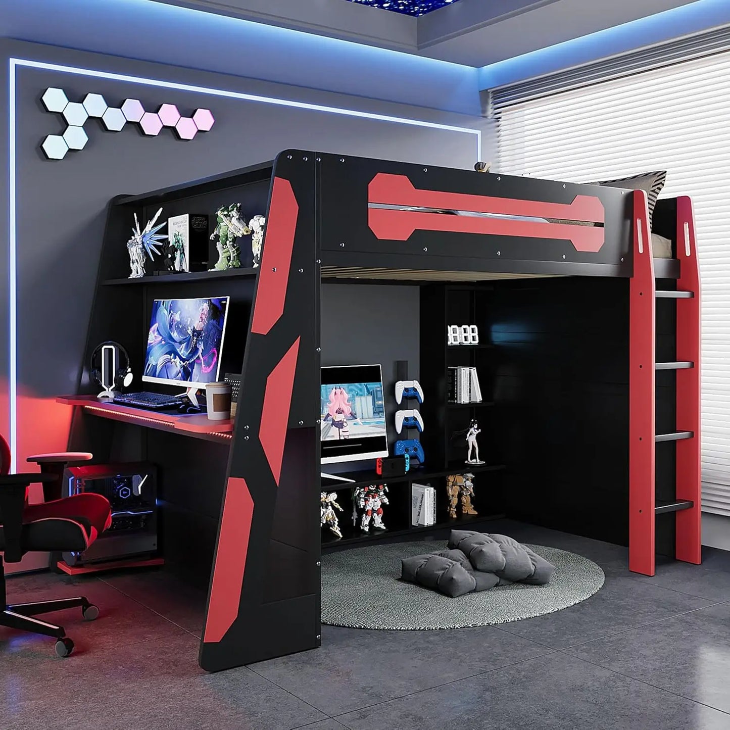 Wood Gaming Loft Bed With Desk Storage LED ChargingStation