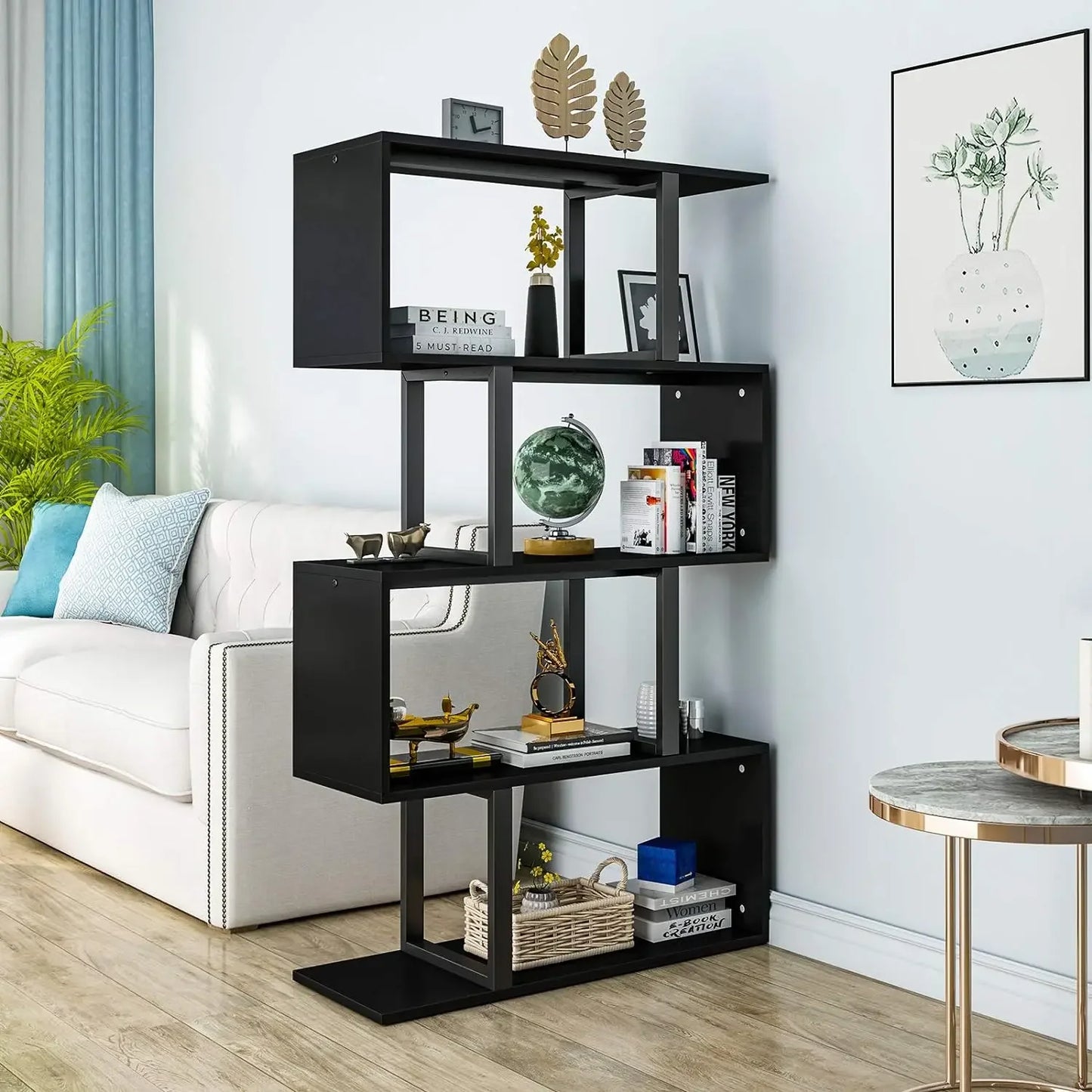 Modern 5 Tier S Shaped Bookshelf Multifunctional Geometric Storage Display Shelf