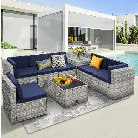Rattan Patio Sectional Glass Top Table With Hidden Storage
