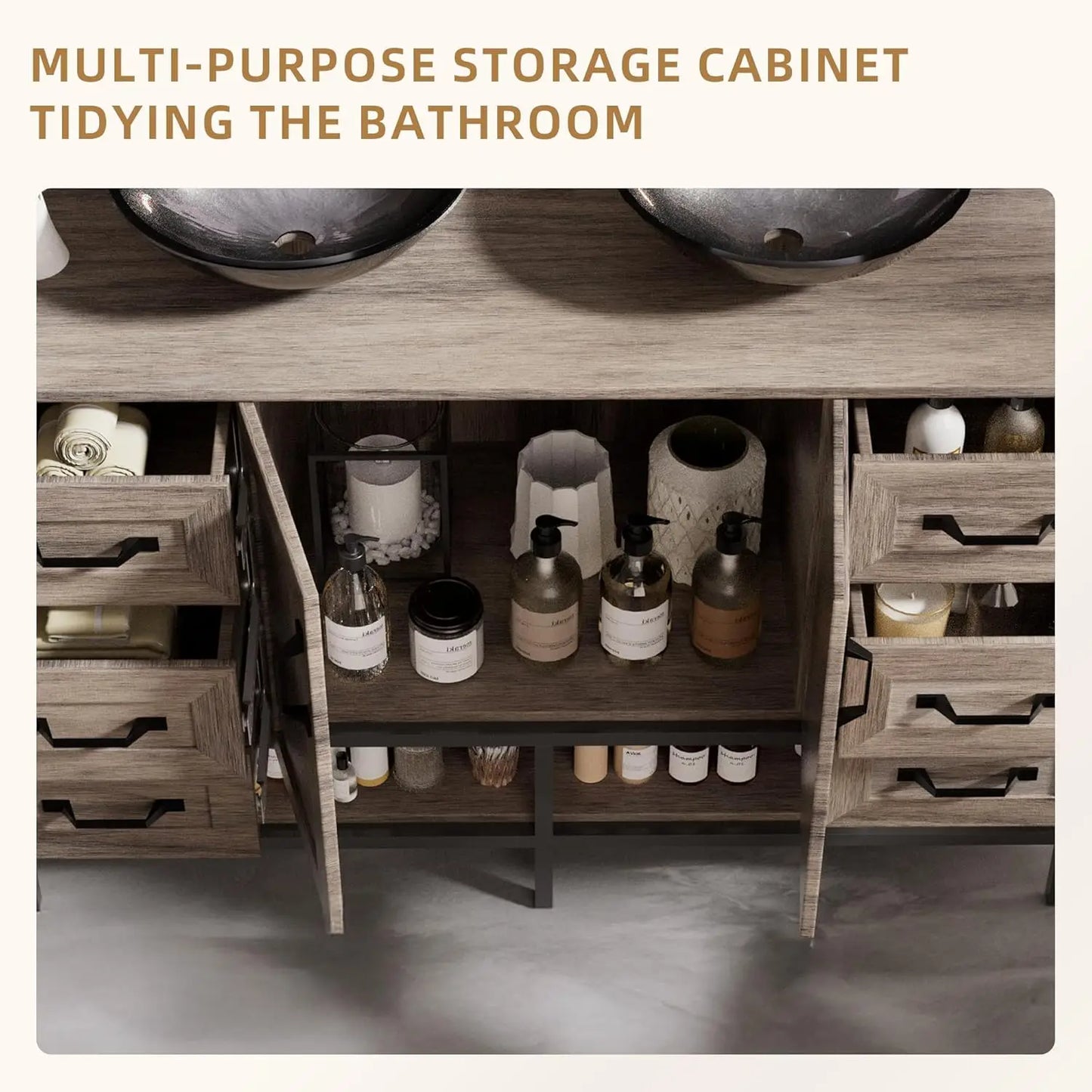 Double Sink Freestanding Bathroom Vanity With Open Shelves