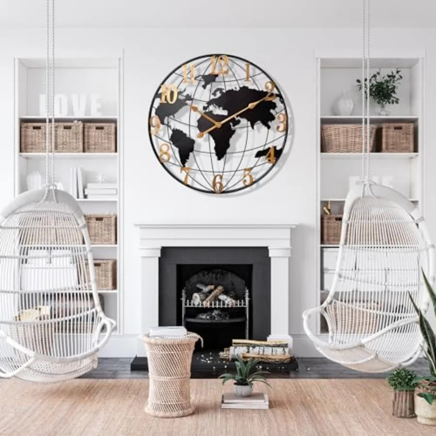 World Map Wall Clock Metal Minimalist Modern Silent Battery
