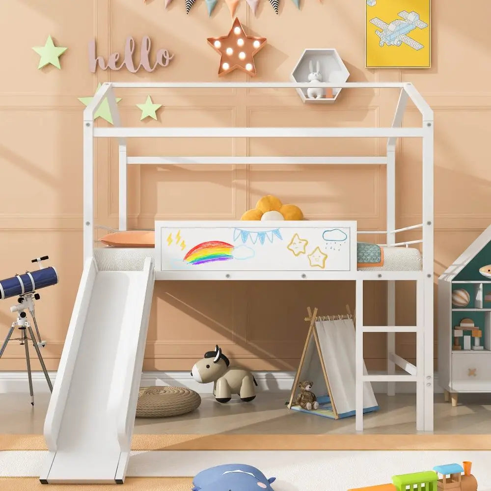 Premium Metal House Loft Bed Featuring Attached Slide