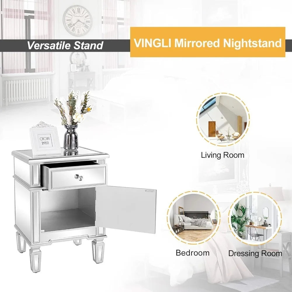 Modern Mirrored Nightstand Bedside Table With Drawer And Cabinet