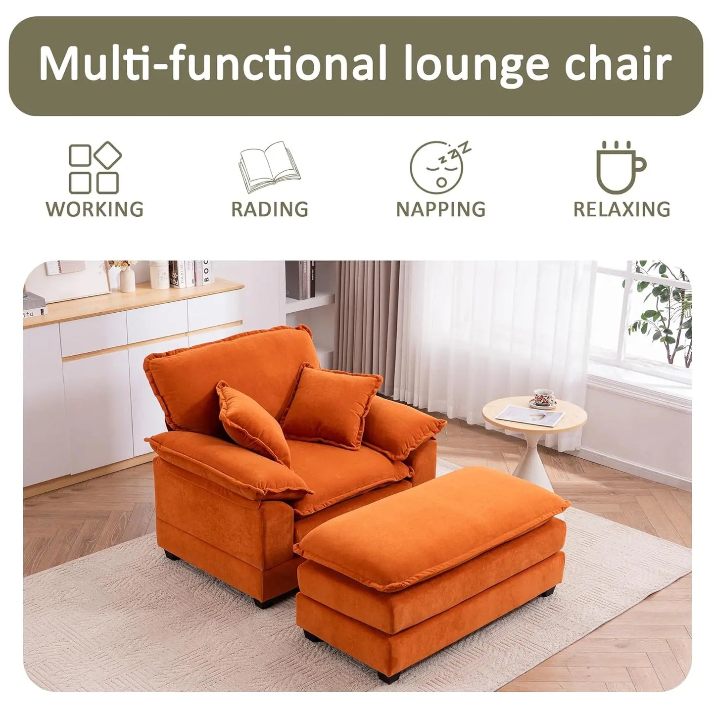 Oversized Chaise Lounge Chair With Ottoman In Velvet Upholstery