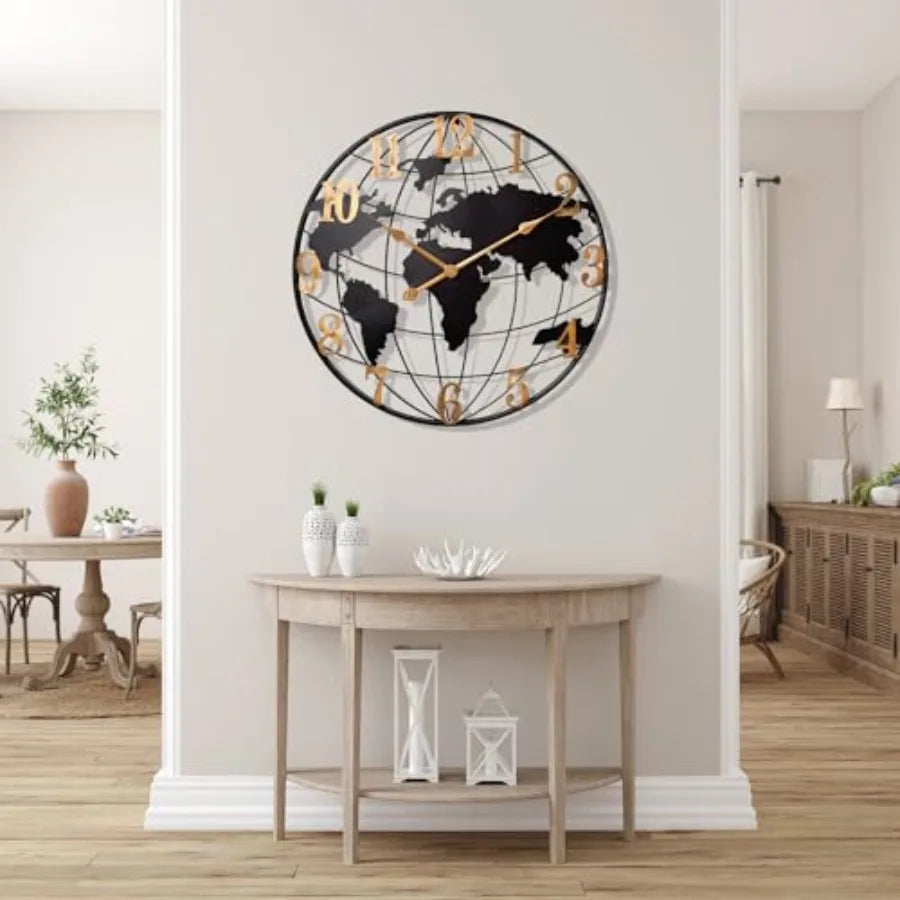 World Map Wall Clock Metal Minimalist Modern Silent Battery