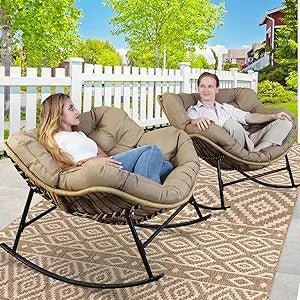 2 Pcs Oversized Wicker Rocking Egg Chair with Water Resistant Cushions