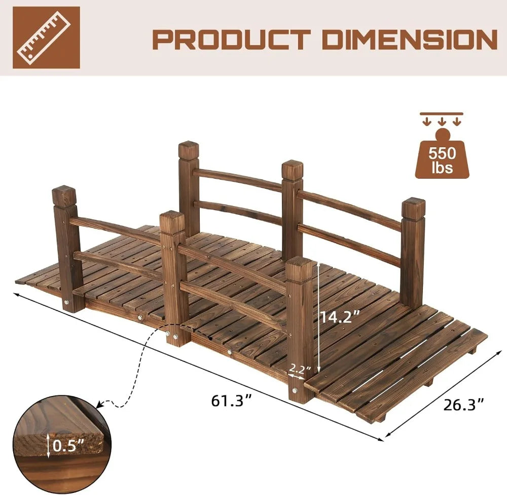 Carbonized Fir Wood Garden Arc Bridge With Railings