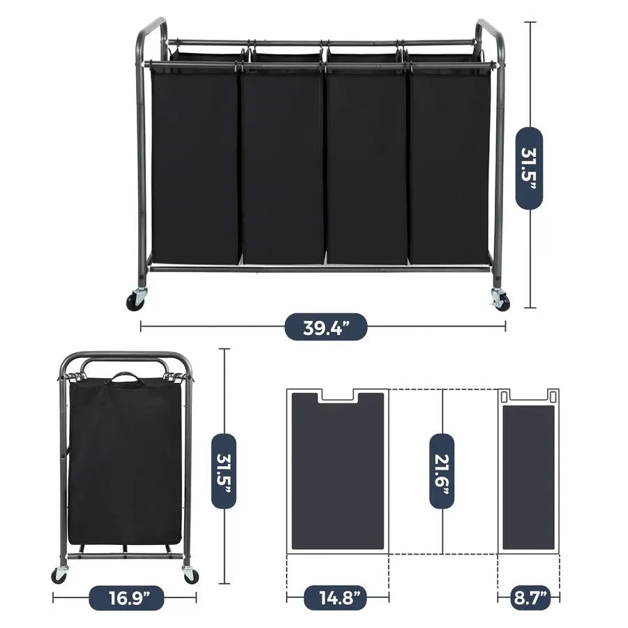 Laundry Sorter 4 Section Rolling Cart With Removable Bags