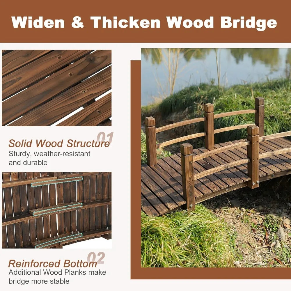 Carbonized Fir Wood Garden Arc Bridge With Railings