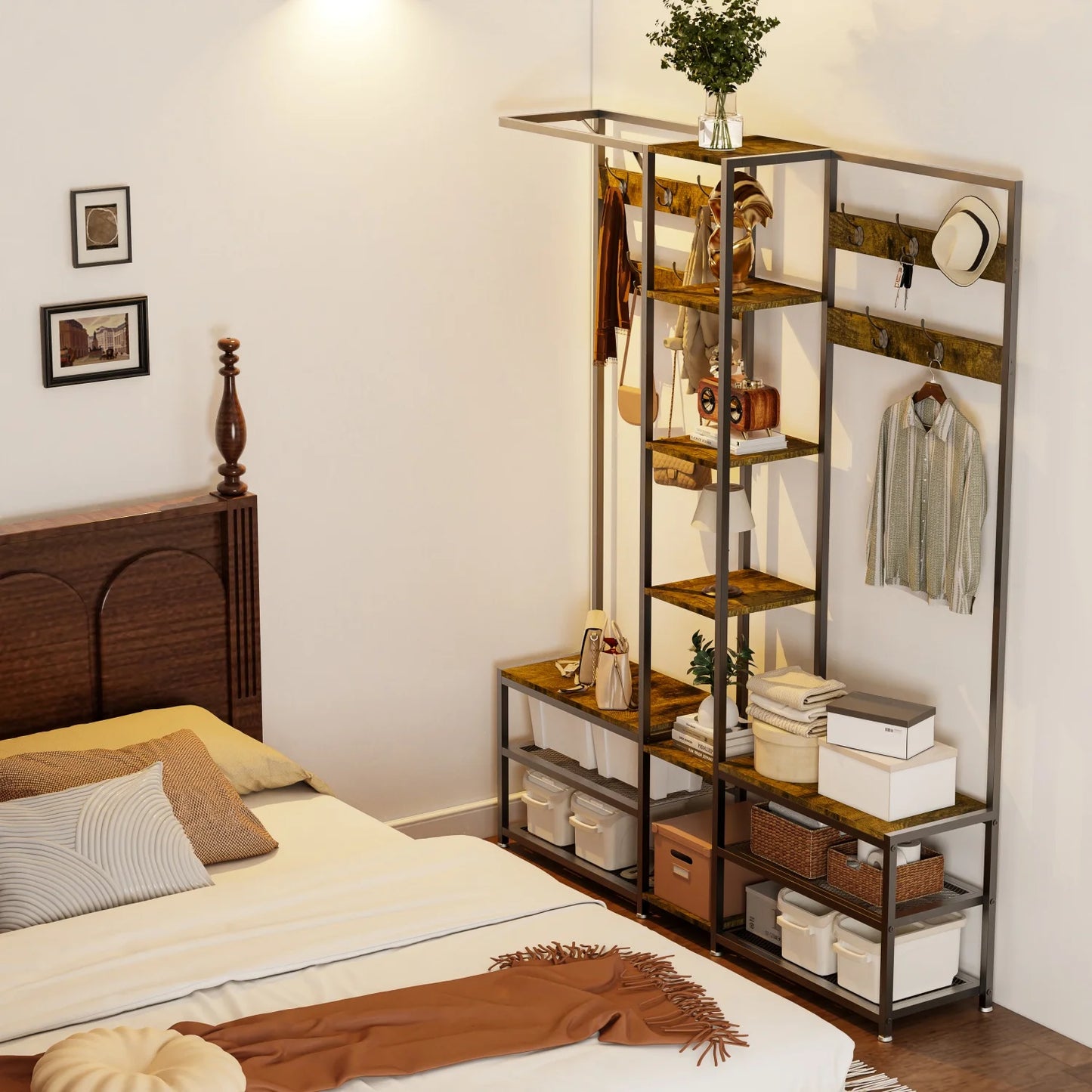 Tall Hall Tree With Shoe Rack Bench And 10 Hooks Entryway Organizer