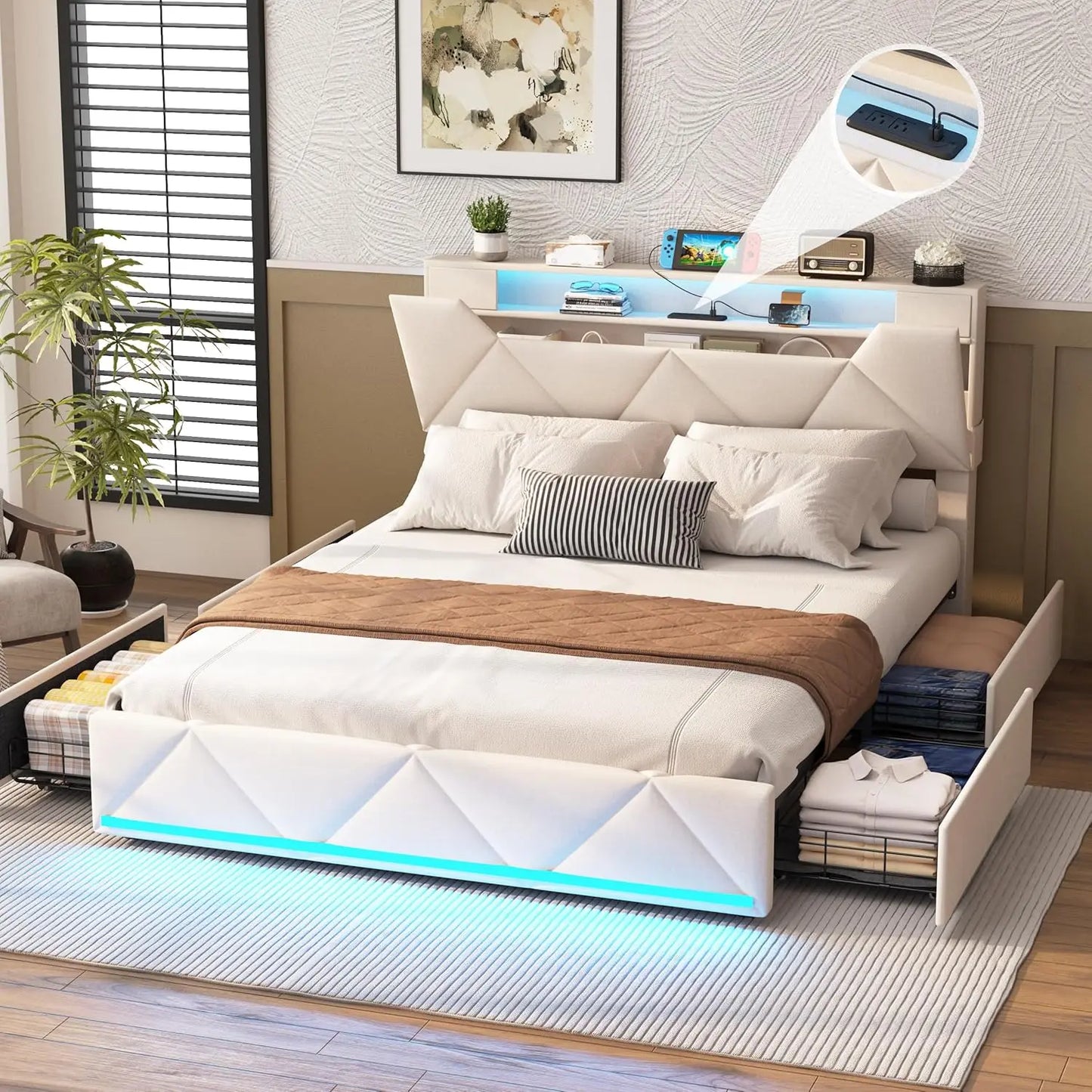 Vabches Upholstered Bed Frame With Storage And Drawers