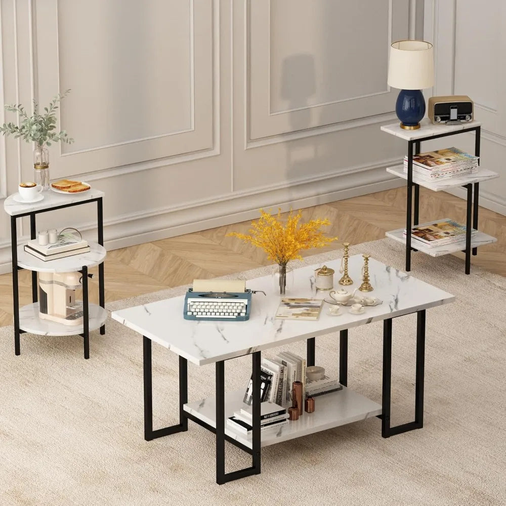 Faux Marble Coffee Table Set With Metal Frame 3-Piece