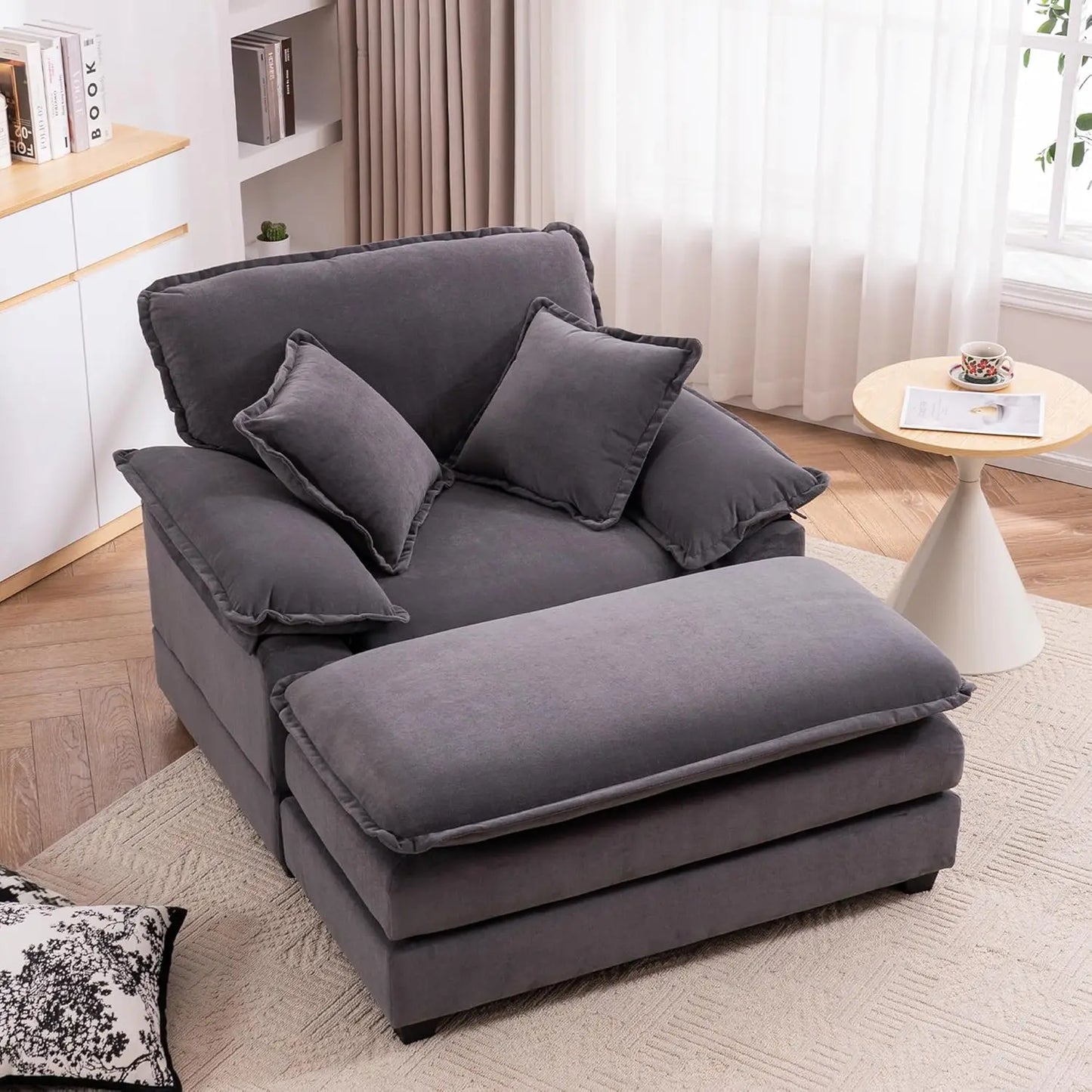 Oversized Chaise Lounge Chair With Ottoman In Velvet Upholstery