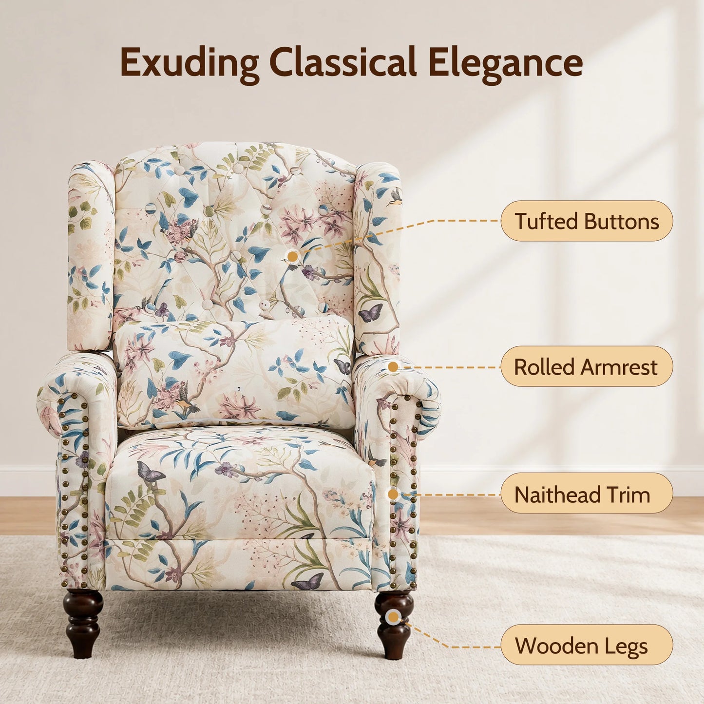 TCGBKAF Vintage Floral Wingback Club Accent Chair