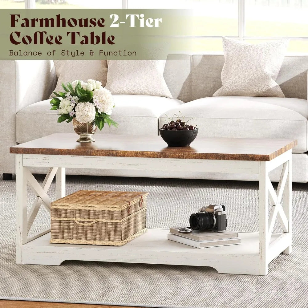 Farmhouse Living Room Table Set With Coffee Table Bundle