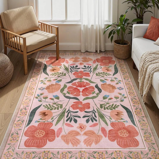 Hign-Concerned Floral Boho Area Rug Washable Living Room