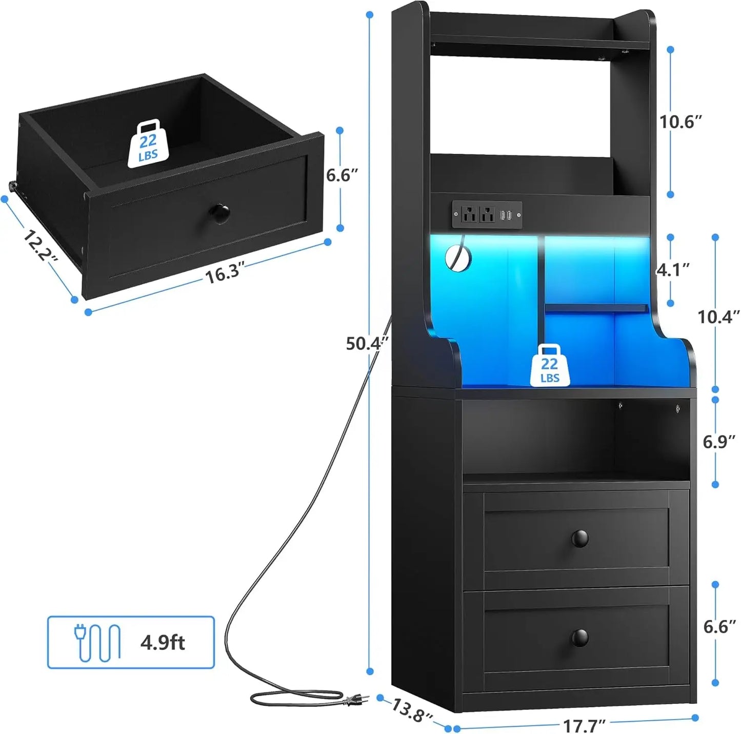 Tall Black Nightstand with LED Lights and Charging Station Two Drawer Design