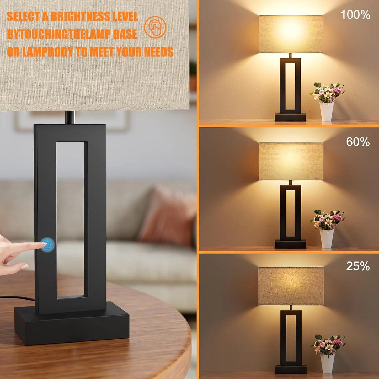 Solar Touch Control 3 Way Dimmable Bedroom Night Stands With USB Charging