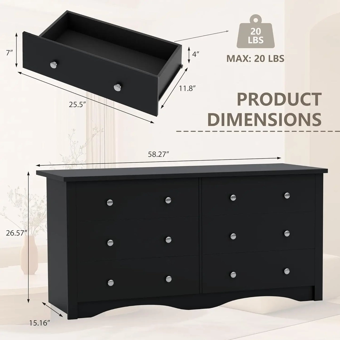 Wood Six Drawer Dresser for Bedroom and Hallway Storage