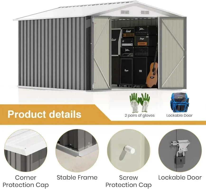 Outdoor Steel Shed With Lockable Doors And Tool Storage