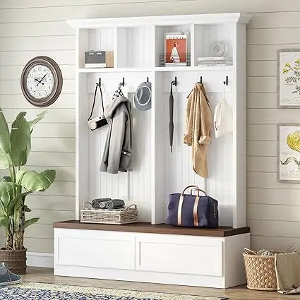 58.8 Inch Wide Hall Tree with Bench Coat Rack Hooks Drawers and Adjustable Shelves