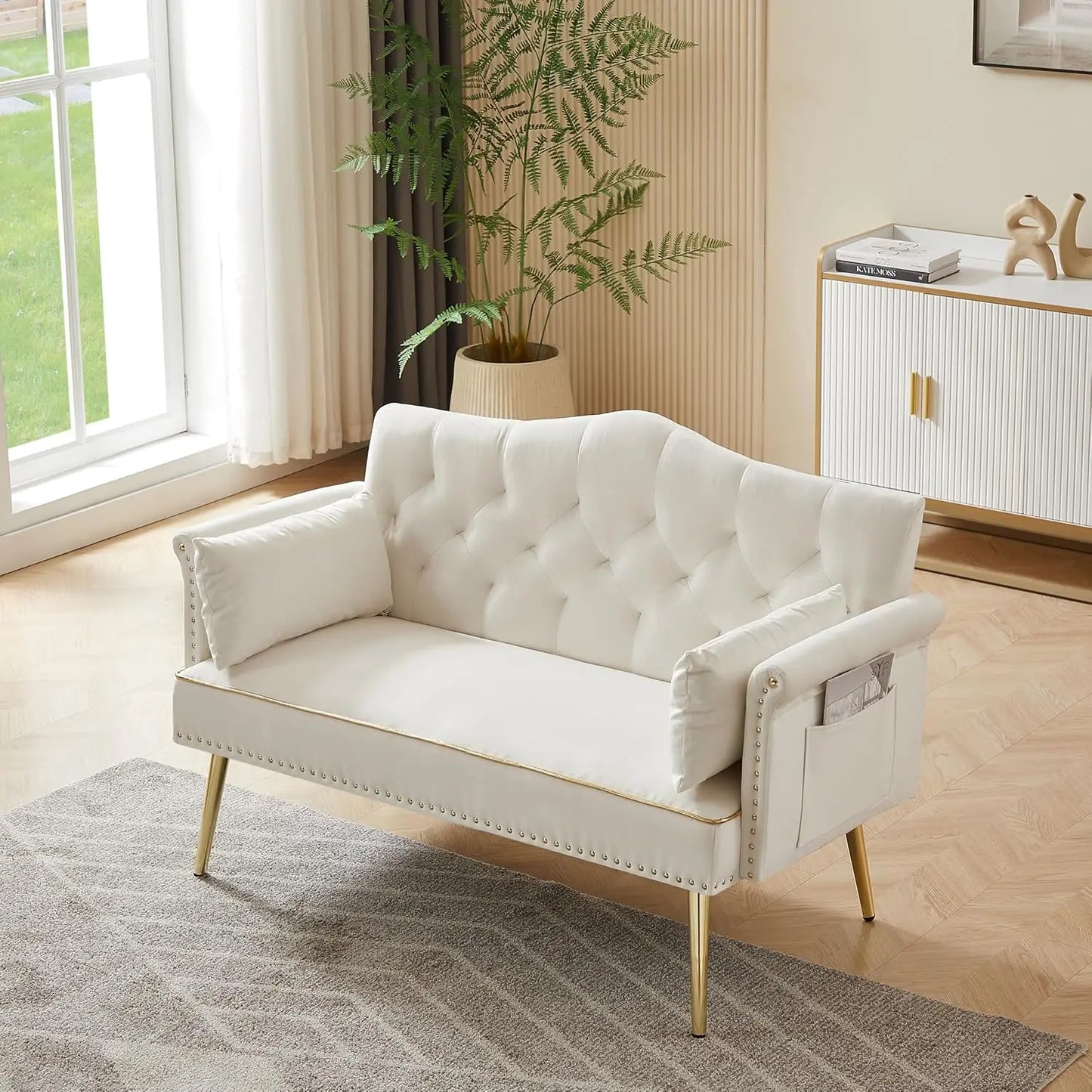 Velvet Loveseat With Gold Metal Legs And Tufted Back