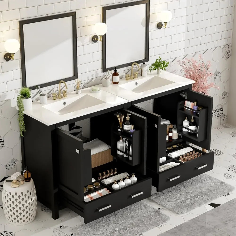 60 Inch Solid Wood Bathroom Vanity with Double Sink and Storage Cabinets